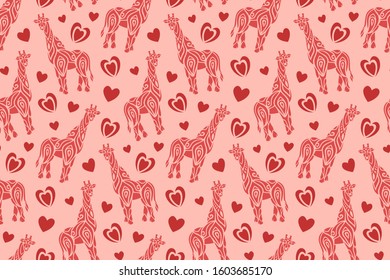 Beautiful funny background with stylized giraffe silhouettes and heart shapes on the pink background