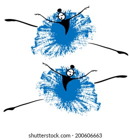 Beautiful funny ballerina. Vector dance. Vector dancers. Danse grunge. Dancing girls. Dancing silhouette  withspots and splashes on white background. Vector illustration.