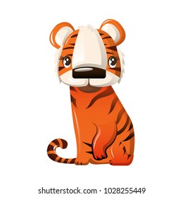 Beautiful funny cartoon character of a striped tiger sitting on his paws. Modern wild animal from the zoo. Wild inhabitant, hunter and getter. Large species of tiger cats. Vector illustration.