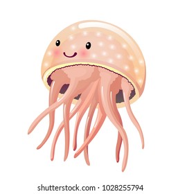 Beautiful funny cartoon jellyfish, with tentacles. Colorful jellyfish, common in all seas and oceans of world, from Cold Arctic to tropical seas. Animal from undersea world. Vector illustration.