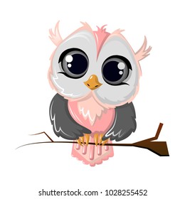 Beautiful funny cartoon owl bird sitting on a tree branch. Colorful furry long-sighted night bird, detachment of predators, animal dwelling on the all world. Vector illustration isolated.