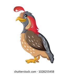 Beautiful funny cartoon quail. Large colorful migratory bird quail is common throughout world, dwells in fields on plains, in mountains. Bird of subfamily grouse, partridge. Vector illustration.