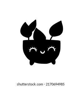 Beautiful funny cartoon succulent cacti black silhouette anthropomorphic character plant. cute scribble happy smiling flowerpots hand drawn in vector.