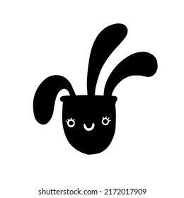 Beautiful funny cartoon succulent cacti black silhouette anthropomorphic character plant. cute scribble happy smiling flowerpots hand drawn in vector.