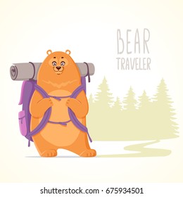 Beautiful and funny cartoon traveling bear with big backpack. Vector illustration. Character animal. Children's illustration