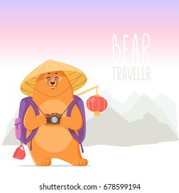 Beautiful and funny cartoon traveling bear with big backpack and in asian straw hat. Vector illustration. Character animal. Traveler in China