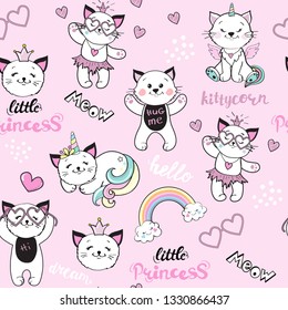 beautiful funny cat collection on a pink background seamless pattern