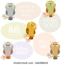 Beautiful and funny five different owls sitting on a branch pine tree and with space for text. Funny bird. Children's illustration. Stylish vector illustration