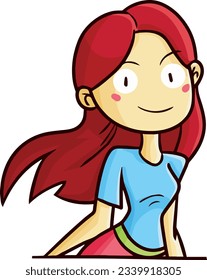 Beautiful and funny girl with long red hair smiling cartoon illustration