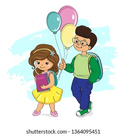 Beautiful funny kids. Boy with balloons and girl holding book