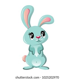 Beautiful funny little rabbit, pet. Lovely fluffy cartoon rabbit with long ears and warm hair. Mammal of the hare family. Modern symbol of happy easter. Vector illustration isolated.