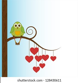 beautiful funny owl sit on heart tree