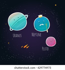 Beautiful and funny planet of the solar system with smiles and handles in the starry sky, vector illustration.