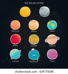 Beautiful and funny planet of the solar system with smiles and handles in the starry sky, vector illustration.