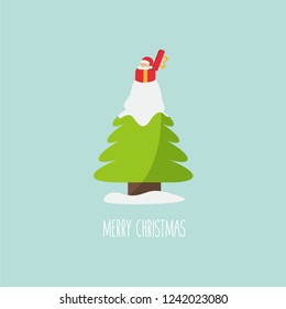 beautiful funny present icon flat design with cute & sweet santa claus & gift box concept cartoon vector isolated & Fir christmas tree with white snow. merry christmas post or greeting card background