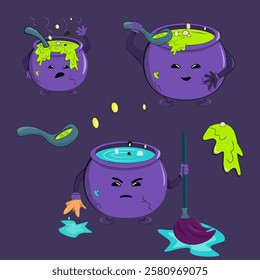 beautiful funny stickers on a dark background, stickers with a funny cauldron of soup or potion. a cauldron that cleans and cooks, a ladle and a mop