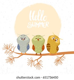 Beautiful and funny three different owls sitting on a branch pine tree. Funny bird. Children's illustration. Stylish vector illustration