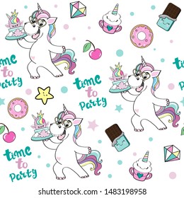 Beautiful funny unicorn holds a kawaii style cake and the inscription is time to party on a white background seamless pattern