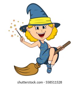Beautiful funny witch fly with broom and stick for halloween cartoon vector illustration