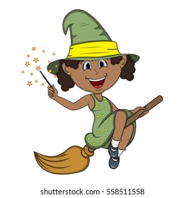 Beautiful funny witch fly with broom and stick for halloween cartoon vector illustration