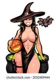beautiful funny witch holding a creepy pumpkin pinup halloween vector illustration