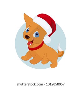 Beautiful furry decorative human friend. Cute handsome puppy in a collar, playing dog. Christmas puppy in a hood, stands paws in all directions. Vector illustration isolated.