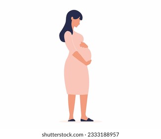 Beautiful future mom standing and holding her pregnant belly Flat vector illustration.