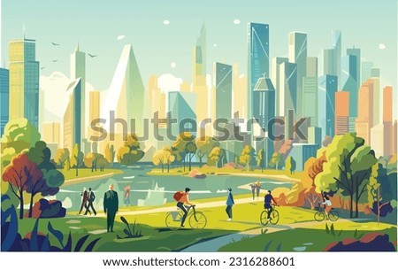 Beautiful futuristic city view with park and lake at sunny day. People cycling and walking in park ストックフォト © 