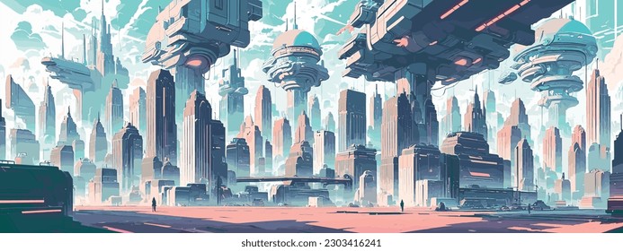 Hermoso paisaje urbano futurista. Ilustración de la ciudad en estilo retro. Ilustración vectorial.