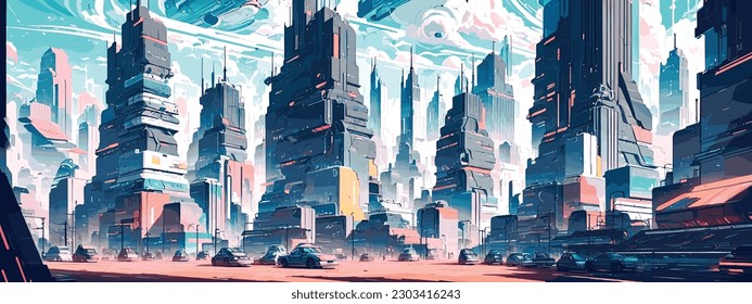 Beautiful futuristic cityscape. City illustration in retro style. Vector illustration.