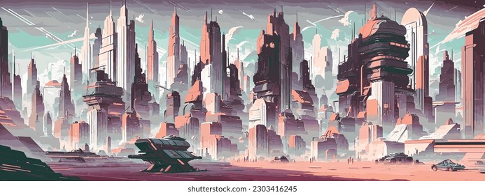 Hermoso paisaje urbano futurista. Ilustración de la ciudad en estilo retro. Ilustración vectorial.