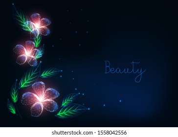 Beautiful futuristic floral web banner template with glowing low polygonal purple flowers, green leaves and copy space for text on dark blue background. Fantasy nature concept. Vector illustration.