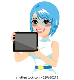 Beautiful futuristic girl displaying tablet on horizontal position