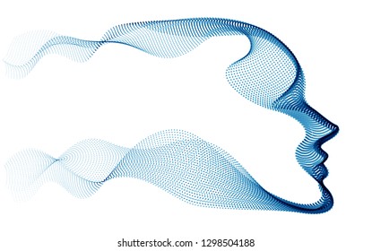 Beautiful futuristic illustration of human head made of dotted particles flow array, wavy shapes lines vector electronic soul of futuristic smart machines.