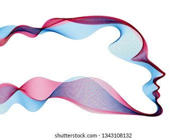 Beautiful futuristic illustration of human head made of dotted particles flow array, wavy shapes lines vector electronic soul of futuristic smart machines.