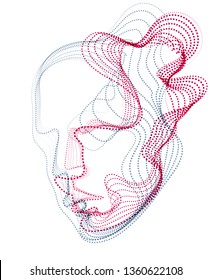Beautiful futuristic illustration of human head made of dotted particles flow array, wavy shapes lines vector electronic soul of futuristic smart machines.