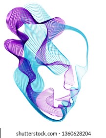 Beautiful futuristic illustration of human head made of dotted particles flow array, wavy shapes lines vector electronic soul of futuristic smart machines.