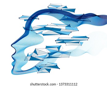 Beautiful futuristic illustration of human head made of dotted particles flow array, wavy shapes lines vector electronic soul of futuristic smart machines.