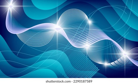 Beautiful futuristic wallpaper in azure blue tones. Flashes of light, sparks, intertwining wavy lines against a backdrop of overlapping abstract shapes and mixing colors. Vector.