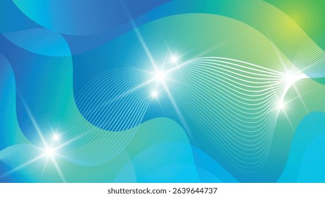 Beautiful futuristic wallpaper. Intertwining wavy lines, flashes of light against the background of overlapping smooth shapes and mixing colors. Vector.