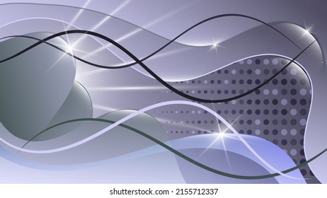 Beautiful futuristic wallpaper in light cold colors. Thin wavy stripes, highlights against the background of overlapping abstract textured shapes with smooth edges and strokes. Vector.