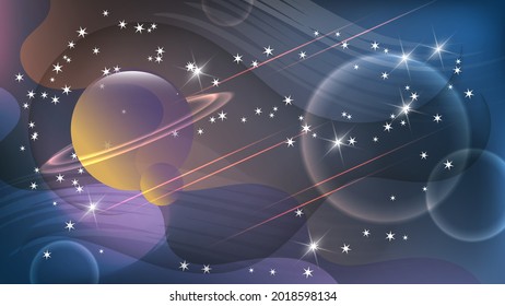 beautiful futuristic wallpaper on a space theme. stars, planets, glows, lens flares and meteorites against a backdrop of overlapping coral blue abstract wavy shapes. vector 