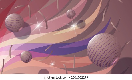 beautiful futuristic wallpaper. shiny textured spheres of different sizes, smooth overlapping stripes, highlights and glows in coral purple space. vector 