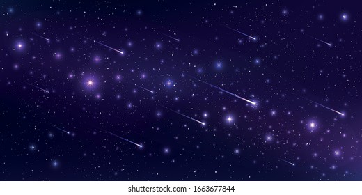 Beautiful galaxy background with nebula cosmos and comets. Stardust and bright shining stars in universal. Vector illustration.