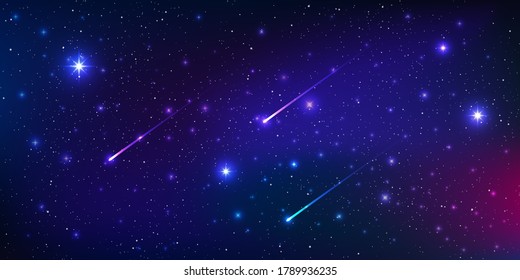 Beautiful galaxy background with nebula cosmos and comets. Stardust and bright shining stars in universal. Vector illustration.