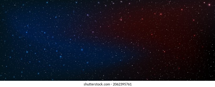 Beautiful galaxy background with nebula cosmos. Between gradient red sky and blue sky in the space. Stardust and bright shining stars in universal. Vector illustration.