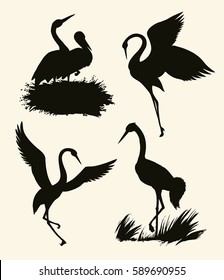 Beautiful gallant shadoofs isolated on white backdrop. Ancient monochrome dark ink hand drawn picture sign sketch in art retro engraving style. Side view with space for text on evening sky