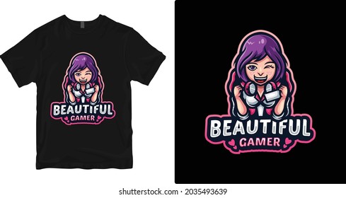 Beautiful Gamer t-shirt design. Vector print, typography, Halloween, poster, print, emblem. Global swatches.