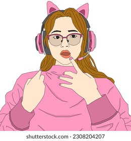 beautiful gamer woman with headphone vector. girl in pink cute clothes