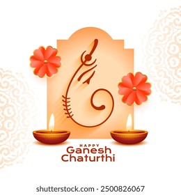 beautiful ganesh chaturthi event background with diya and floral decor vector